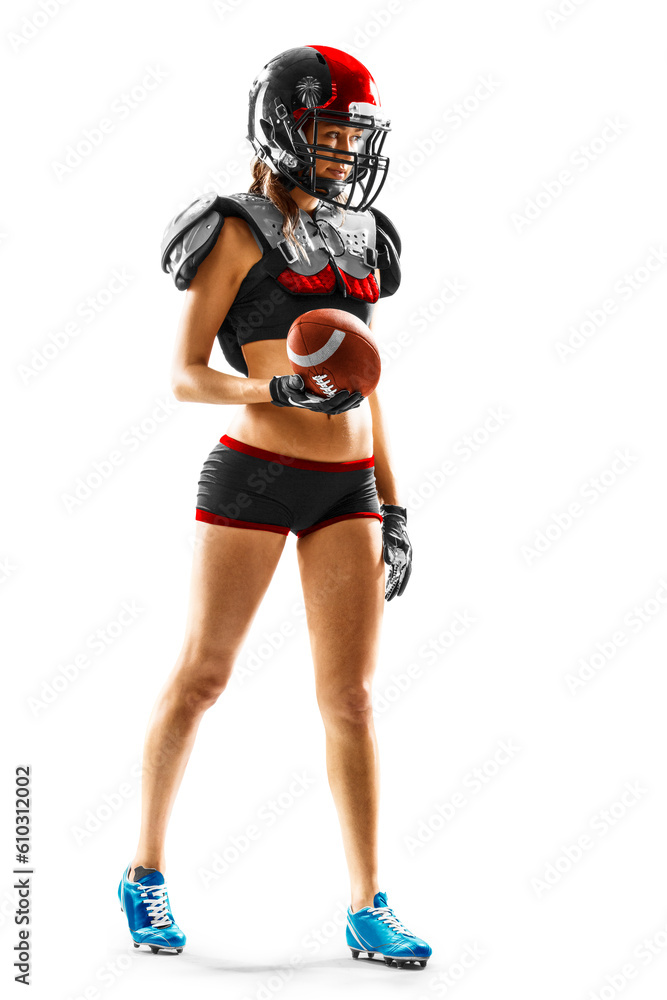 female american football player in uniform and jersey T-shirt posing with helmet isolated on white background female american football player in uniform and jersey T-shirt posing with helmet isolated on white background