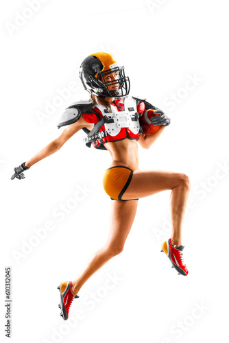 female american football player in uniform and jersey T-shirt posing with helmet isolated on white background © 103tnn