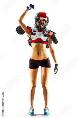 female american football player in uniform and jersey T-shirt posing with helmet isolated on white background