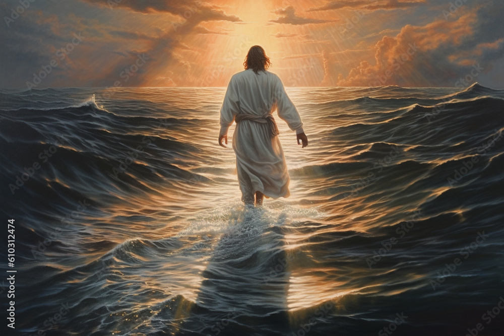 Jesus walking on the water. This artwork portrays the miraculous event ...