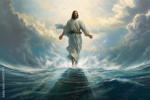 Jesus walking on the water. This artwork portrays the miraculous event from biblical narratives, conveying a sense of divine power, faith, and the transcendent nature of Jesus presence. Ai generated