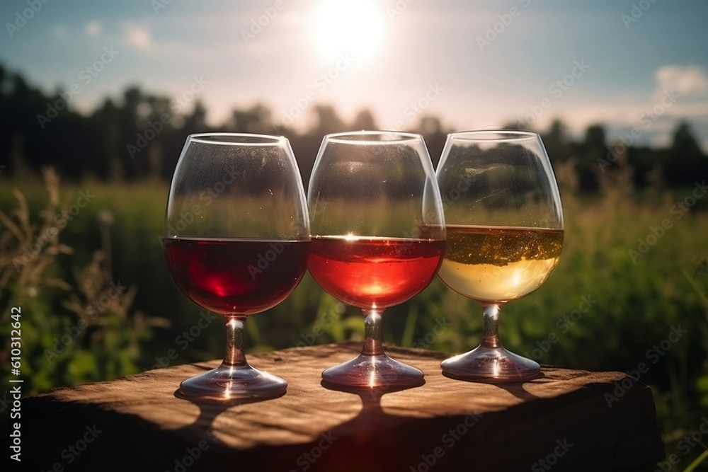 Three glasses of white, rose and red wine on a wooden barrel in the vineyard. Wine tasting in outdoor winery restaurant travel tour. Grape production and winemaking concept. Generative AI Technology