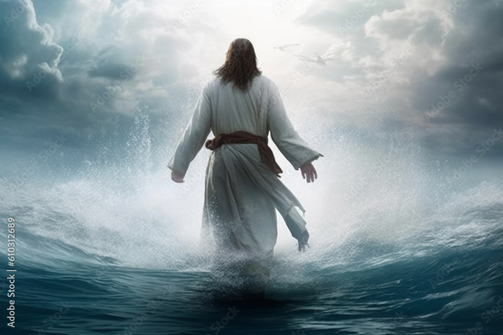 Jesus walking on the water. This artwork portrays the miraculous event from biblical narratives, conveying a sense of divine power, faith, and the transcendent nature of Jesus presence. Ai generated Jesus walking on the water. This artwork portrays the miraculous event from biblical narratives, conveying a sense of divine power, faith, and the transcendent nature of Jesus presence. Ai generated