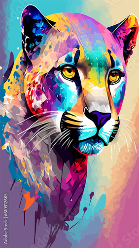 Abstract  multicolored portrait of a puma  in a watercolor style. Digital vector graphics. Color art  pop art style  animal graphic illustration