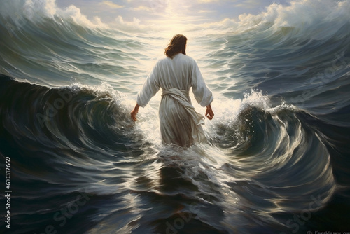 Jesus walking on the water. This artwork portrays the miraculous event from biblical narratives  conveying a sense of divine power  faith  and the transcendent nature of Jesus presence. Ai generated