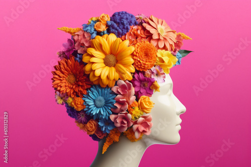 Concept of mental health, featuring a female head adorned with blooming flowers instead of hair. Mental well-being, embracing creativity, and fostering a positive and flourishing mindset. Ai generated