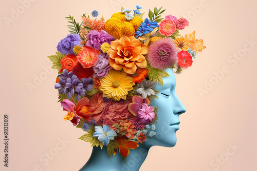 Concept of mental health, featuring a female head adorned with blooming flowers instead of hair. Mental well-being, embracing creativity, and fostering a positive and flourishing mindset. Ai generated © twindesigner