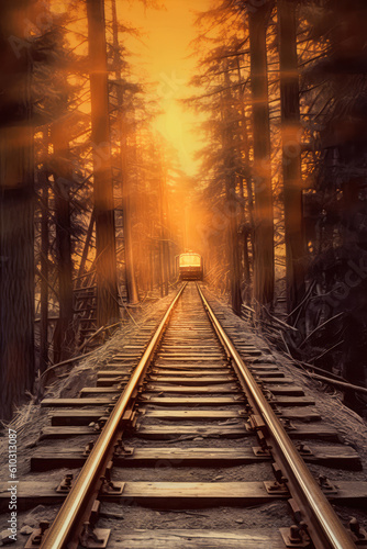 The railway tracks in the golden forest under the setting sun.
