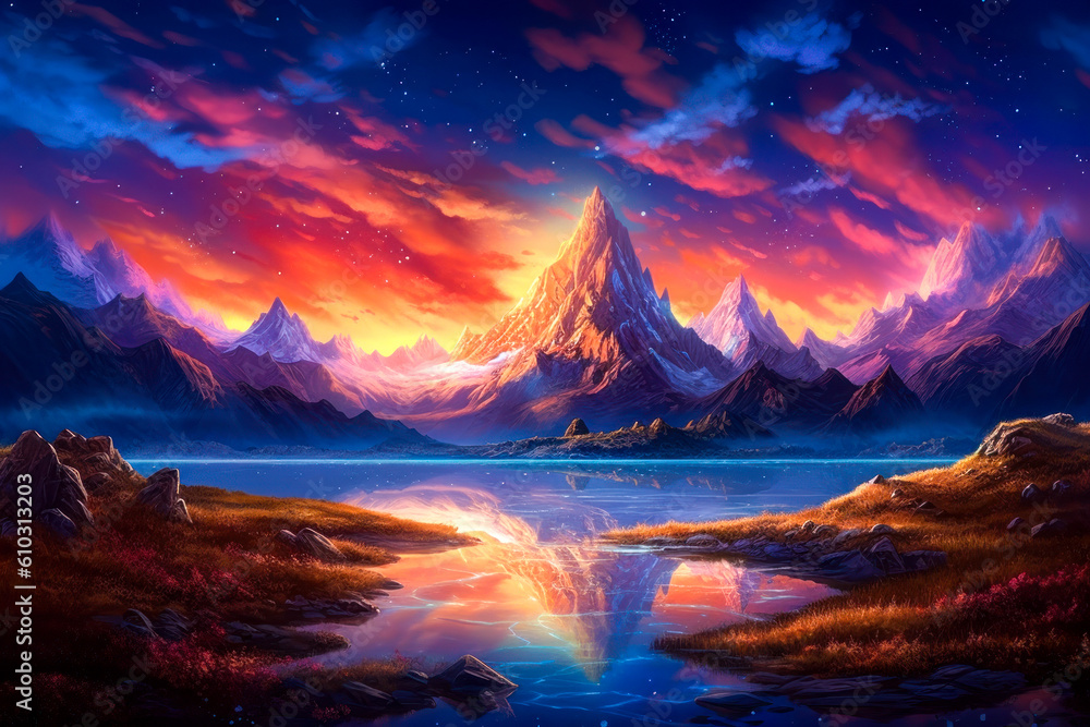 Mountains landscape, reflection in lake, empty background, colorful, painting. Generative AI