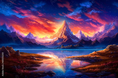 Mountains landscape, reflection in lake, empty background, colorful, painting. Generative AI