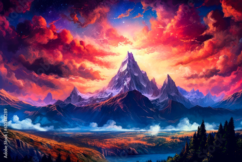 Mountains landscape, epic sky, empty background, colorful, painting. Generative AI