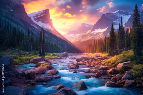 Mountains landscape, rocky stream, empty background, colorful, photorealism. Generative AI