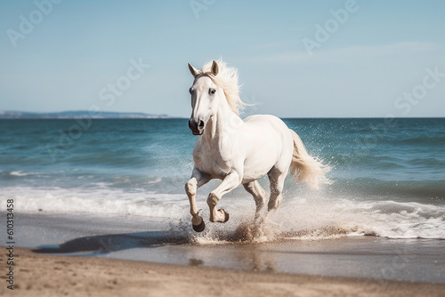 Magnificent white horse galloping freely on the beach. This artwork embodies the essence of grace  power  and untamed spirit. Ai generated