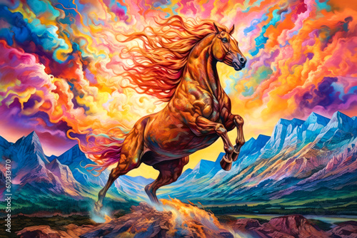 Majestic horse rearing up, mountains landscape, colorful, epic sky, painting. Generative AI