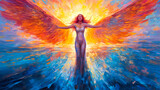 Woman with wings, arms outstretched, angel, goddess, colorful, painting. Generative AI