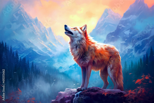 Wolf posed on rock, mountains landscape, colorful, painting. Generative AI