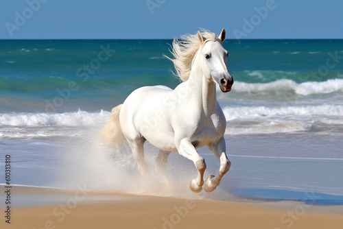 Magnificent white horse galloping freely on the beach. This artwork embodies the essence of grace, power, and untamed spirit. Ai generated © twindesigner