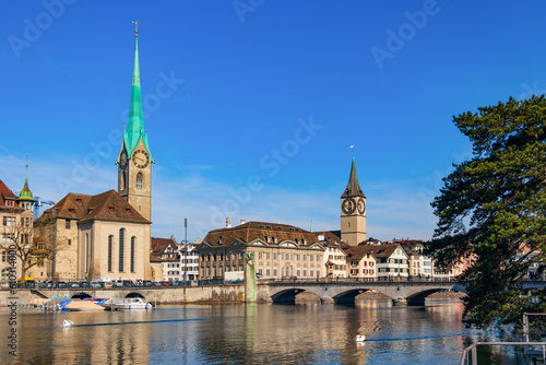 Panoramic view of the Limat River in Zurich, Monterbrücke Cathedral Bridge, historic buildings and monasteries 