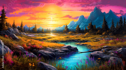Mountains landscape, empty background, colorful, painting. Generative AI © Sunshower Shots