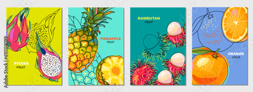 Posters with orange, pineapple, pitaya and rambutan fruits. Whole and half tropical summer fruits. Set of cover templates for brochure, flyer and poster use. Vector illustration. © Oksana_Skryp