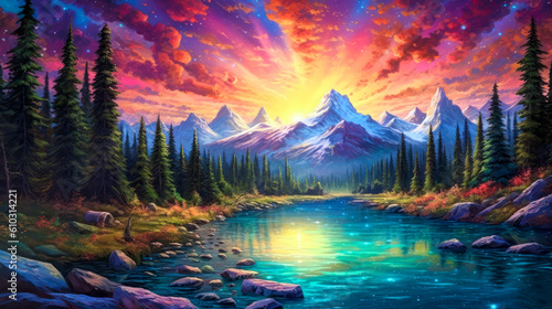 Mountains landscape, empty background, colorful, painting. Generative AI © Sunshower Shots