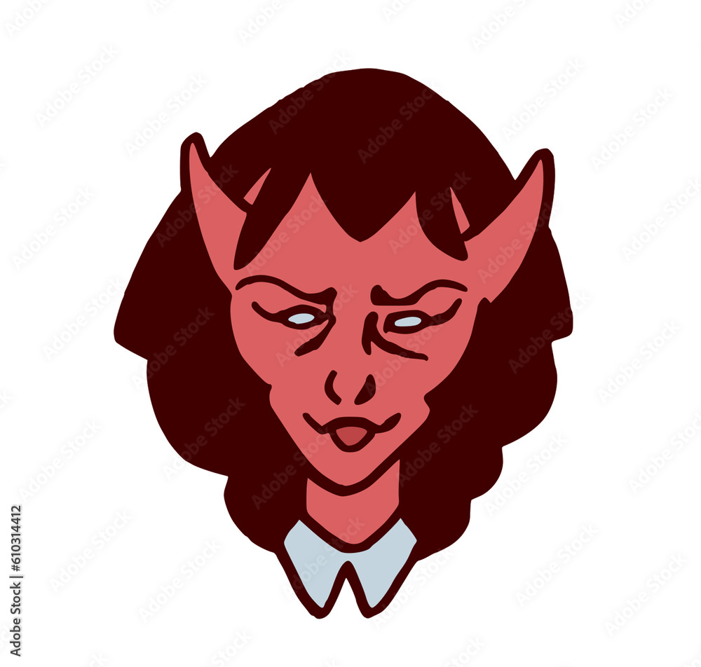Illustration d'une succube rouge diabolique, avec un col blanc, venant des enfers, dessiné à la main, isolé sur fond blanc Illustration d'une succube rouge diabolique, avec un col blanc, venant des enfers, dessiné à la main, isolé sur fond blanc