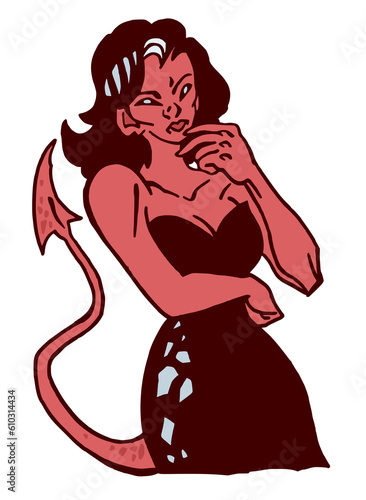 Illustration d'une succube rouge diabolique,  souriante, cornue, élégante, venant des enfers, dessiné à la main, isolé sur fond blanc photo