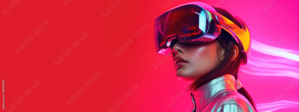 Woman is using virtual reality headset. Generative AI Woman is using virtual reality headset. Generative AI