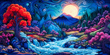 Mountains landscape, night, river, swirling sky, empty background, colorful, painting. Generative AI