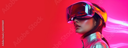 Woman is using virtual reality headset. Generative AI © piai