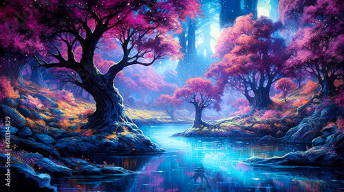Fantasy landscape, purple trees, blue lake water, background, colorful, painting. Generative AI