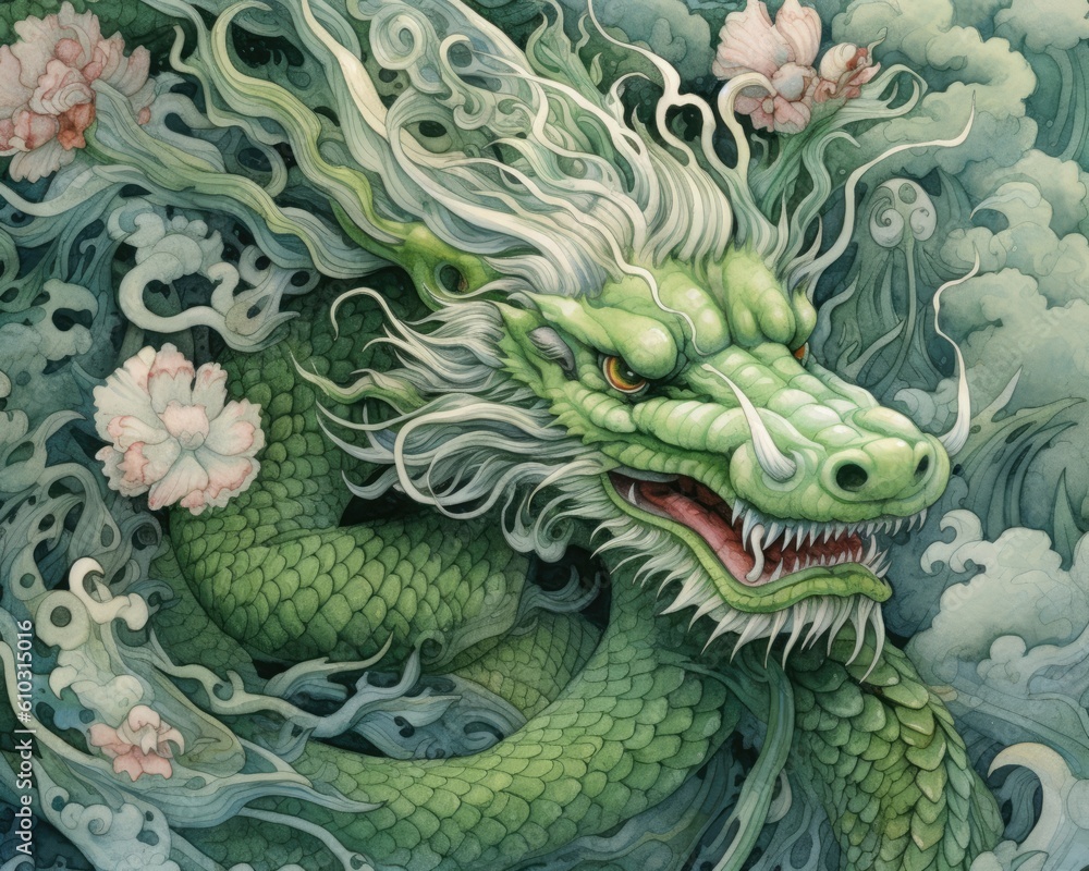 A watercolor print featuring an Asian inspired green dragon, adorned with intricate patterns and delicate brushstrokes