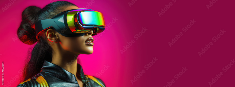 Woman is using virtual reality headset. Generative AI Woman is using virtual reality headset. Generative AI