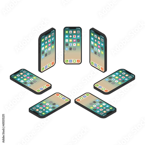黒いスマートホンのアイソメイラストセット_ホーム
