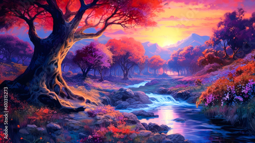 Fantasy landscape  red and purple  trees  stream  background  colorful  painting. Generative AI