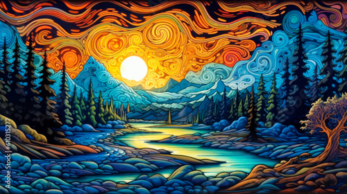 Mountains landscape, night, swirling sky, background, colorful, painting. Generative AI