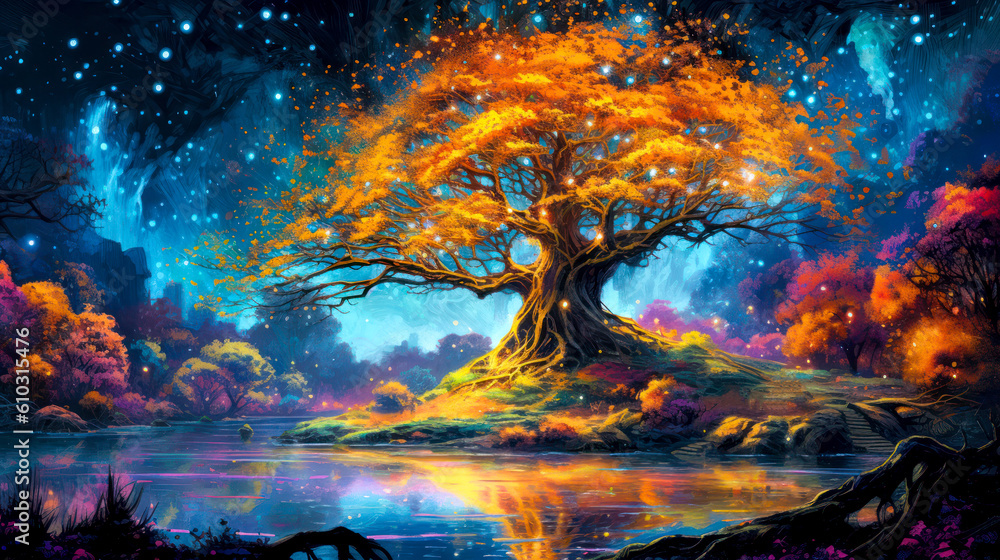 Fantasy landscape, golden tree, lake, starry night, background, colorful, painting. Generative AI