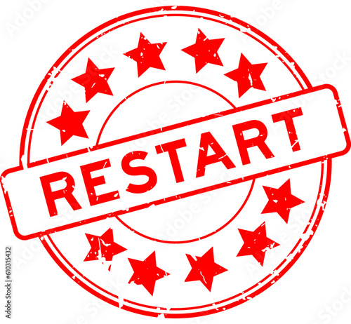 Grunge red restart word with star icon round rubber seal stamp on white background
