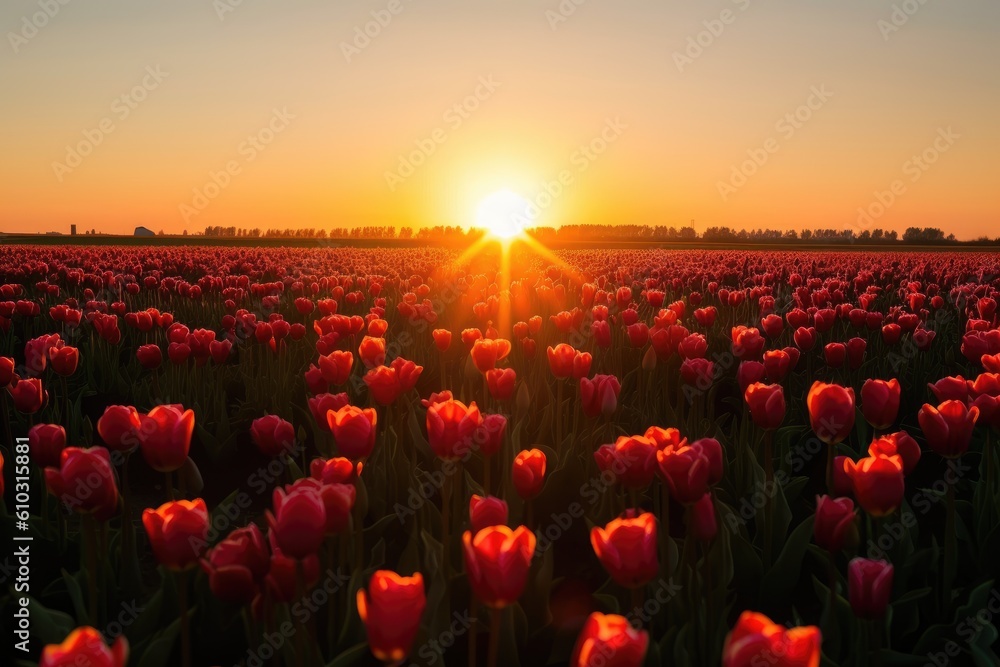 Tulip field, Sea of colorful Flowers Stretching into the Horizon, Bright Blue Sky with Few Puffy Clouds, generative AI