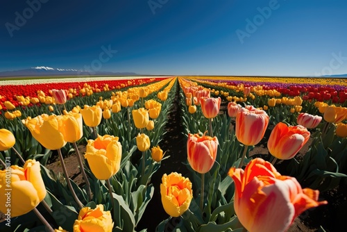 Tulip field, Sea of colorful Flowers Stretching into the Horizon, Bright Blue Sky with Few Puffy Clouds, generative AI