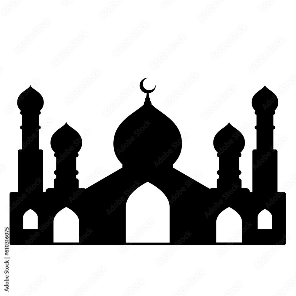 Mosque vector illustration. Silhouette mosque icon for sign and symbol of muslim worship place. Mosque icon of islam religion and muslim faith. Place of muslim to pray