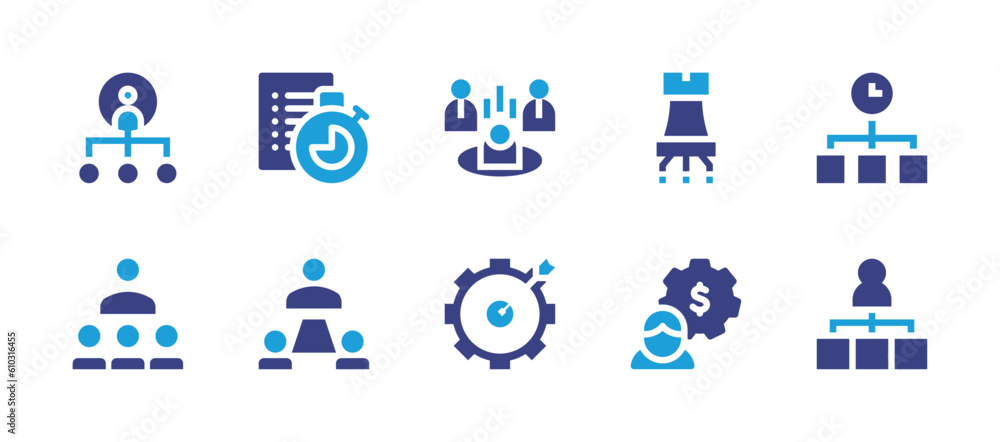 Business management icon set. Duotone color. Vector illustration. Containing manage, time management, fired, strategy, management, goal, obligation.