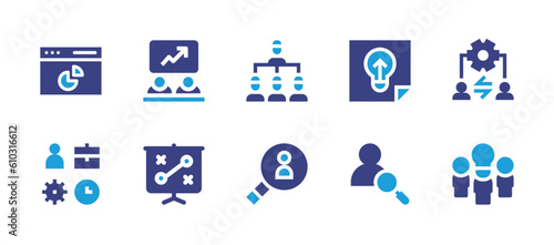 Business management icon set. Duotone color. Vector illustration. Containing pie chart, employee, hierarchy, idea, hrm, process, strategy, search, user, intelligent.