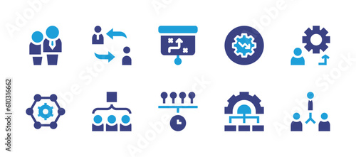 Business management icon set. Duotone color. Vector illustration. Containing businessman, exchange, strategy, loss, association, team, timeline, process, network.