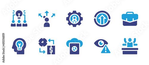 Business management icon set. Duotone color. Vector illustration. Containing idea, decision making, leader, continuous improvement, briefcase, time is money, cloud, monitored, multitask.
