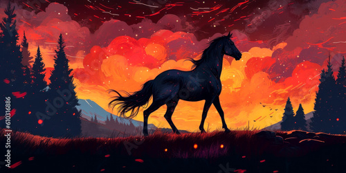 Black silhouette of horse against red orange sky  stylized colorful painting  expressive. Generative AI