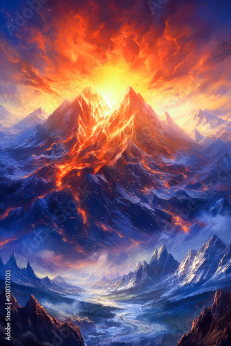 Fiery mountain peak, landscape, fantasy, background, colorful, painting. Generative AI