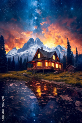 Wooden cabin in the mountains at night, landscape, stream with rocks, background, photorealism. Generative AI
