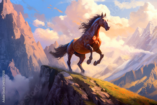 Horse rearing up on mountain cliff  painting  expressive. Generative AI