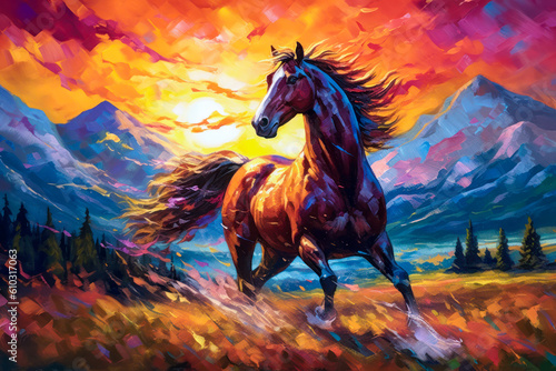 Photographie Horse running, stylized colorful painting, expressive